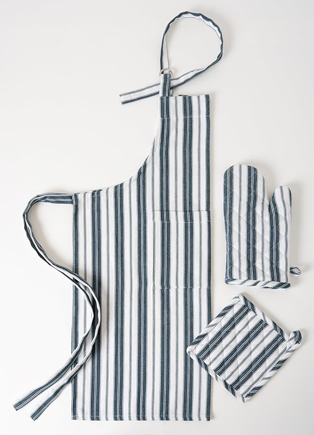 1 Oven Mitt, 1 PotHolder & 1 Kitchen Apron Set - Durable Heat Resistant Gloves - Thick Mittens for Kitchen - Suitable for Cooking, Baking, Grilling – Men & Women – Navy Blue Stripes - Casa De Lan