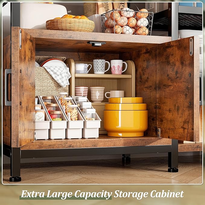 EnHomee Bakers Rack with Power Outlet, 6 Tier Microwave Stand, Coffee Bar Organizer with 8 L-Shaped Hooks, Kitchen Shelves with Storage, 14.1 x 30.1 x 63.1 Inches, Rustic Brown