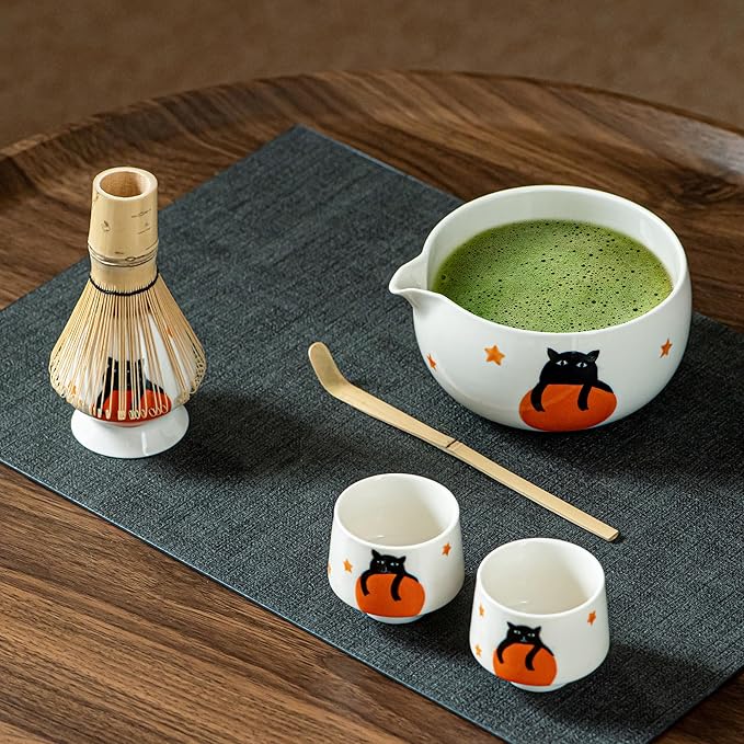 Matcha Set -Cute Cat Matcha Bowl Set with Whisk, Scoop, Whisk Holder & 2 Cups | 6 Pcs Authentic Matcha Tea Ceremony Kit | Great Gift for Tea Lovers