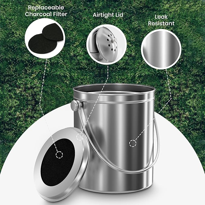 Utopia Kitchen Compost Bin for Kitchen Countertop, 1.3 Gallon Compost Bucket for Kitchen with Lid, Includes 1 Spare Charcoal Filter, Home Essentials - (Silver)