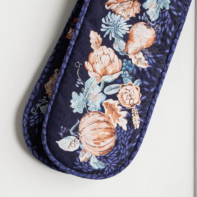 Maison d' Hermine Double Oven Mitts 100% Cotton 7"x35" Double Oven Mitt Heat Resistant BBQ Cooking Gloves with Loop, Baking, Grilling, Home, Kitchen, Handling Hot Pans (Pumpkin Blues)