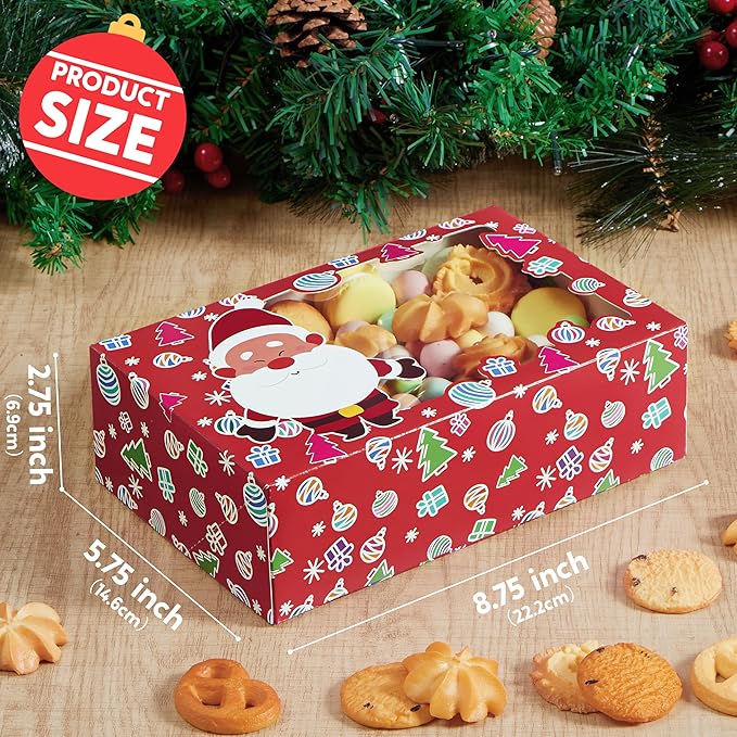 JOYIN 24 PCS Christmas Foil Treats Cookie Gift Boxes (8.75" x 5.75" x 2.75") Colorful Pattern Bakery Box with Window for Xmas Holiday Birthday Party Pastries, Cupcakes, Brownies, Donuts Gift-Giving