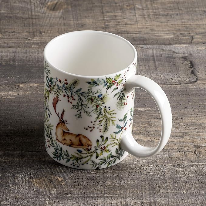 Maison d' Hermine Coffee Mug with Handles Fine Bone China Mugs Pack of One Tea Cups for Hot Beverages Cappuccino Latte Home Restaurant Office Perfect for Gift (Holly Time - Cerf, 15 Ounce)