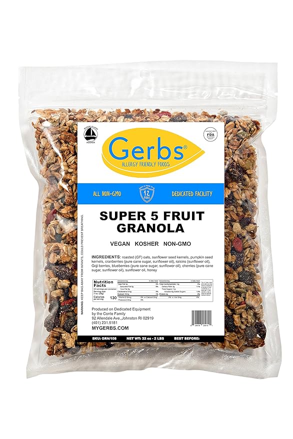 Gerbs Super 5 Fruit Granola, 2 LBS - Top 14 Food Allergy Free & Non GMO - Unsulfured & Keto Safe - Cranberry, Blueberry, Goji Berry, Cherry, Raisin