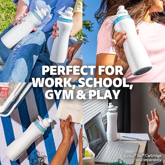 Cirkul 32oz. Matte Black Stainless Steel Water Bottle Starter Kit with Black Lid and 2 Flavor Cartridges (1 LifeSip Blueberry Grape, 1 GoSip Kiwi Berry) No Sugar, Zero Calorie Drink Mix