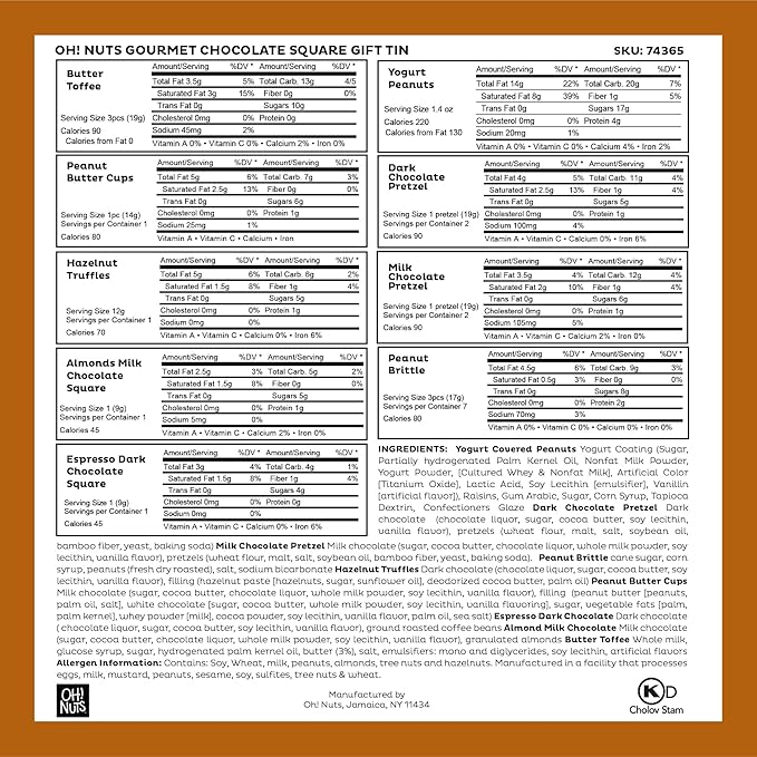 Oh! Nuts Chocolate Gift Basket - 6 Section Candy Square Metal Tin Box - Gourmet Assorted Chocolate Gifts Baskets - Healthy Chocolate Gifts Box for Birthday, Holiday, Corporate, Family, Men & Women