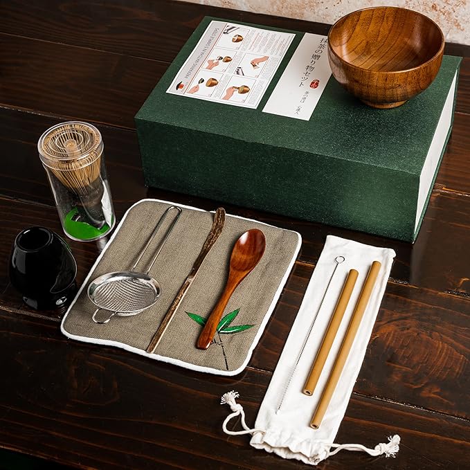 Matcha Whisk Set, 12 Pcs Matcha Set, Jujube Wood Bowl with Bamboo Straws, Storage Box & Gift Bag, Matcha Kit for Tea Ceremony or Matcha Latte