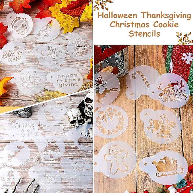 Marspark 30 Pieces Holiday Cookie Coffee Stencils Latte Art Halloween Thanksgiving Christmas Cookie Baking Stencils Templates Decoration for Cake Bread Decor, Reusable Sourdough Painting Mold Tools