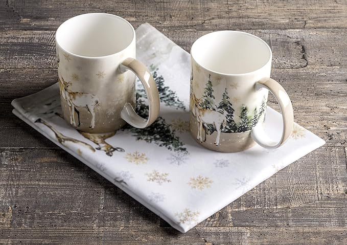 Maison d' Hermine Coffee Mug with Handles Fine Bone China Mugs Pack of Two Tea Cups for Hot Beverages Cappuccino Latte Home Restaurant Office Perfect for Gift (Deer In The Woods, 15 Ounce)