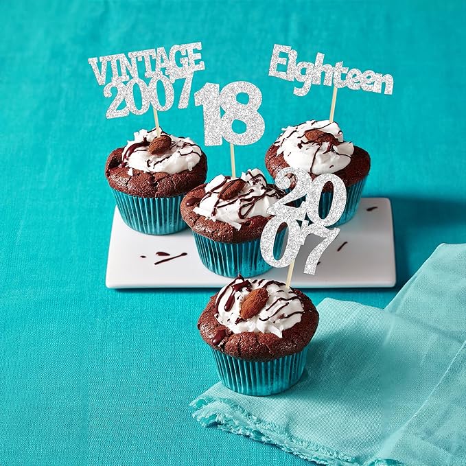 Gyufise 24Pcs 18th Birthday Cupcake Toppers Glitter Eighteen Vintage 2007 Hello 18 Years Birthday Cupcake Picks Adultish 18 Cake Decorations for Happy 18th Birthday Anniversary Party Supplies Silver