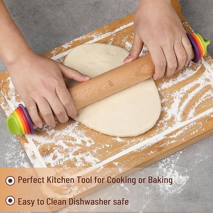 Bamboo Land- Adjustable Rolling Pin with Thickness Rings for Baking, 13.8", 4 Colorful Thickness Rings (2-10 mm or 1/16"-3/8"), Wood Rolling Pins for Baking, Bread, Pizza & Cookie Doughs