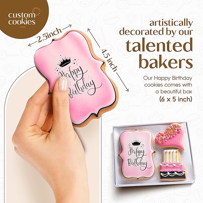 Happy Birthday Gift Basket Custom Sugar Cookies - Happy Birthday Cookies in Gift Box, Hand Decorated Kosher Treats for Women, Her, Wife - Bakery & Dessert Gifts as a Birthday Cake