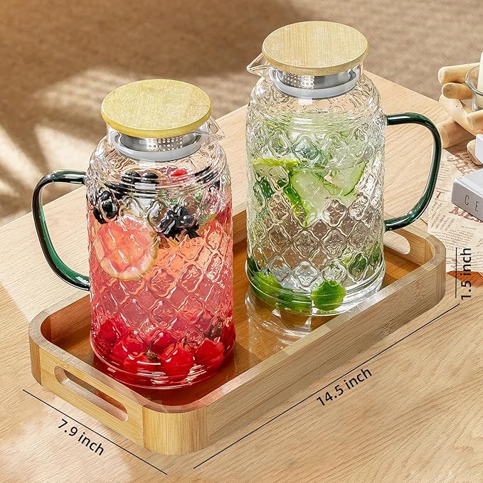 Glass Pitcher with Lid, 2 PACK 68 oz/2 Liter Vintage Water Pitcher With Serving Tray, Clear Borosilicate Glass Water Carafe for Cold Brew, Coffee, Lemonade, Iced Sun Tea,Beverage, Heat Resistant