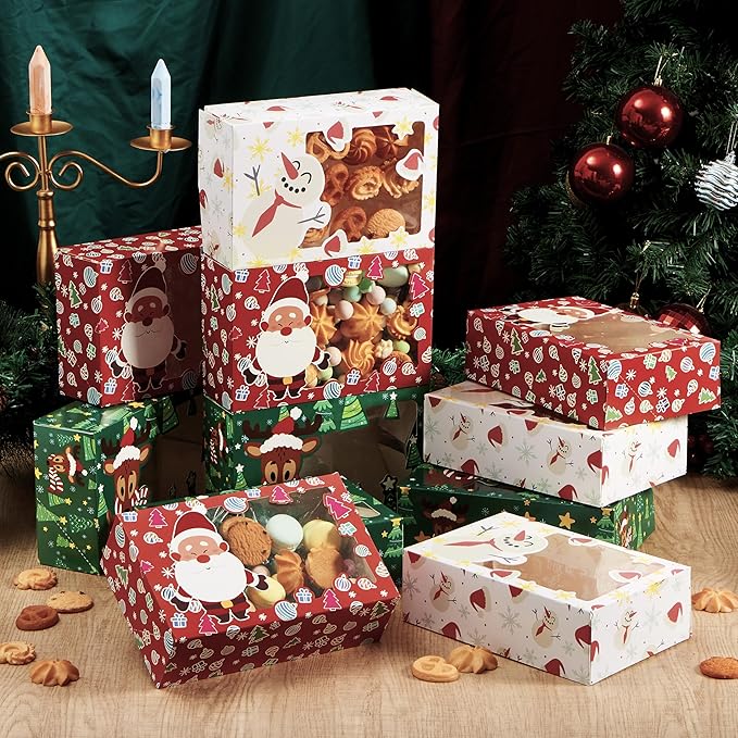 JOYIN 12 PCS Christmas Cookie Boxes for Gift Giving, 8.75" x 5.75" x 2.75" Bakery Treat Boxes Containers with Window for Xmas Holiday Birthday Party Pastries, Cupcakes, Brownies, Donuts, Baked Goods
