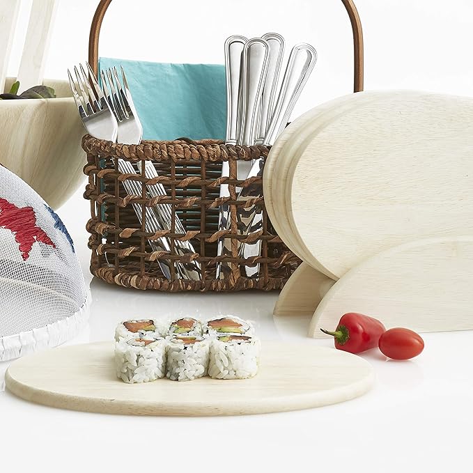 6 Whitewash Wood Serving Boards with Stand, Perfect for Serving, Sushi, Cheese, Hors d'oeuvre, Charcuterie, Sandwiches by Woodard & Charles, 7 Piece Set, 9 1/2" x 6 1/2"