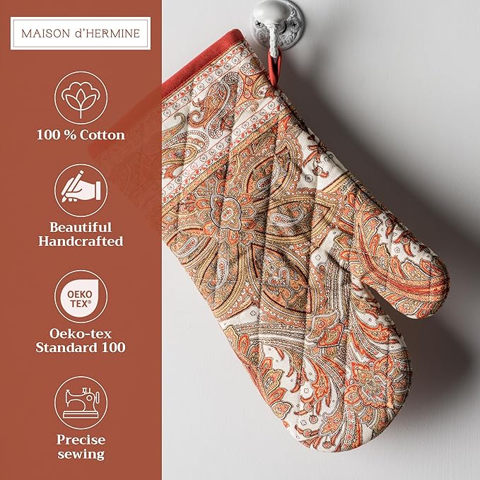 Maison d' Hermine Oven Gloves 100% Cotton Oven Mitt 7" x 13" with Loop Heat Resistant, BBQ, Cooking Gloves, Baking, Grilling, Kitchen, Handling Hot Pans (Pack of 1, Kashmir Paisley)