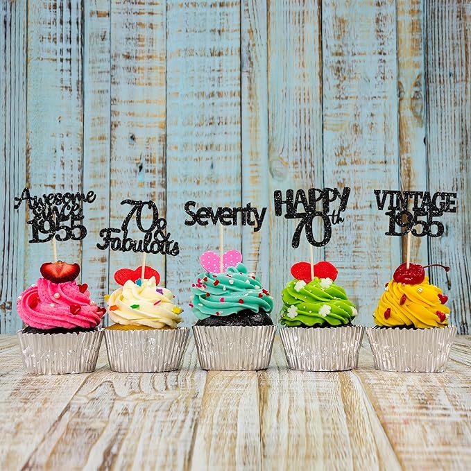Gyufise 30Pcs 70th Birthday Cupcake Toppers Vintage 1955 Seventy Cake Decorations Cheers to 70 Fabulous Seventy Cupcake Picks 70th Birthday Wedding Anniversary Party Cake Decorations Supplies Black