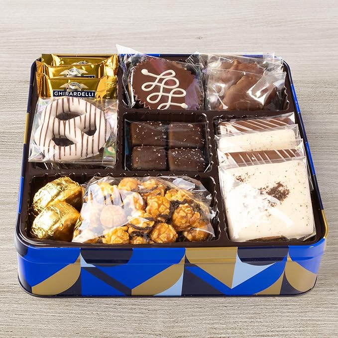 Blue Bow Gourmet Artisanal Chocolate Assortment Gift Tin for Birthday, Thank You, Business Gifts, Holiday