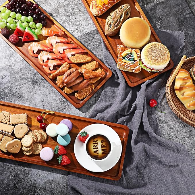 10 Pack Solid Wood Serving Trays 16.7 x 6.4 Inch Acacia Wooden Server Platter Rectangular Charcuterie Boards with Grooved Handle for Home Room Coffee Cheese Appetizer Table Farmhouse Serving Decor
