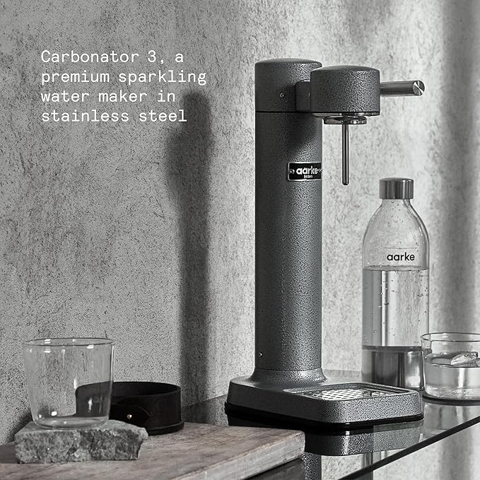Aarke Carbonator lll, Sparkling & Carbonation Water Machine, Stainless Steel with PET BPA-Free Reusable Bottle Volume 1L/34 fl oz (Hammertone Grey)