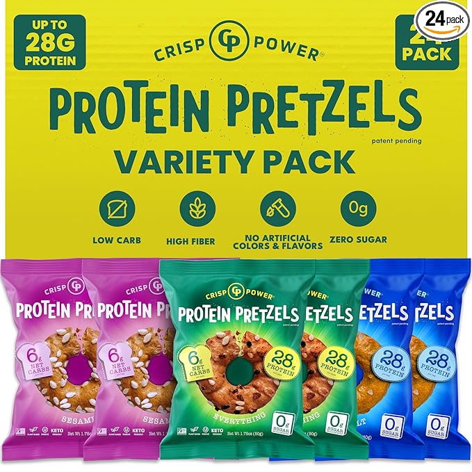 Crisp Power Protein Pretzels, Variety Pack With Sea Salt, Sesame, & Everything, Vegan Keto Snack, Plant Based Protein, Low Carb Crunchy Pretzel Snacks, No Added Sugar, No Seed Oils, 1.75 Oz Bags, 24 Pack