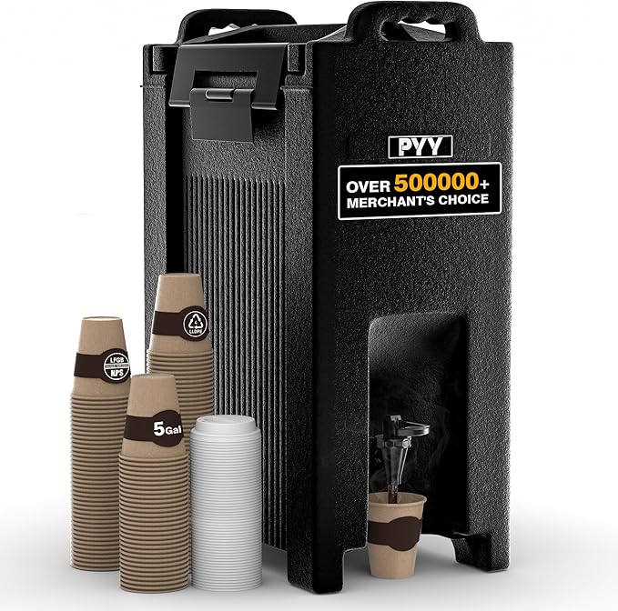 PYY Insulated Beverage Dispenser 5 Gallon - Hot and Cold Drink Container with Handles, Thermal Drink Dispenser Cooler Server carrier For Commercial Catering Black