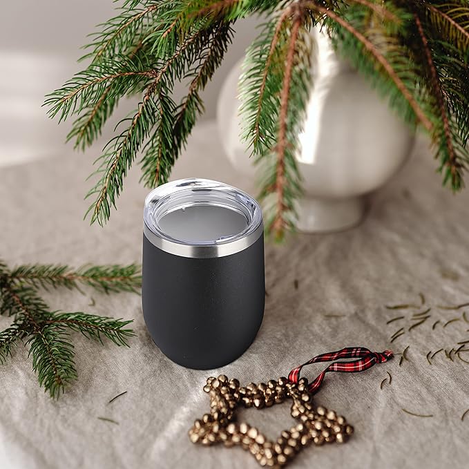 DOMICARE Stainless Steel Wine Tumbler Bulk with Lid, Personalized Insulated Tumblers Set, 12oz Travel Coffee Cups Pack of 12, Black