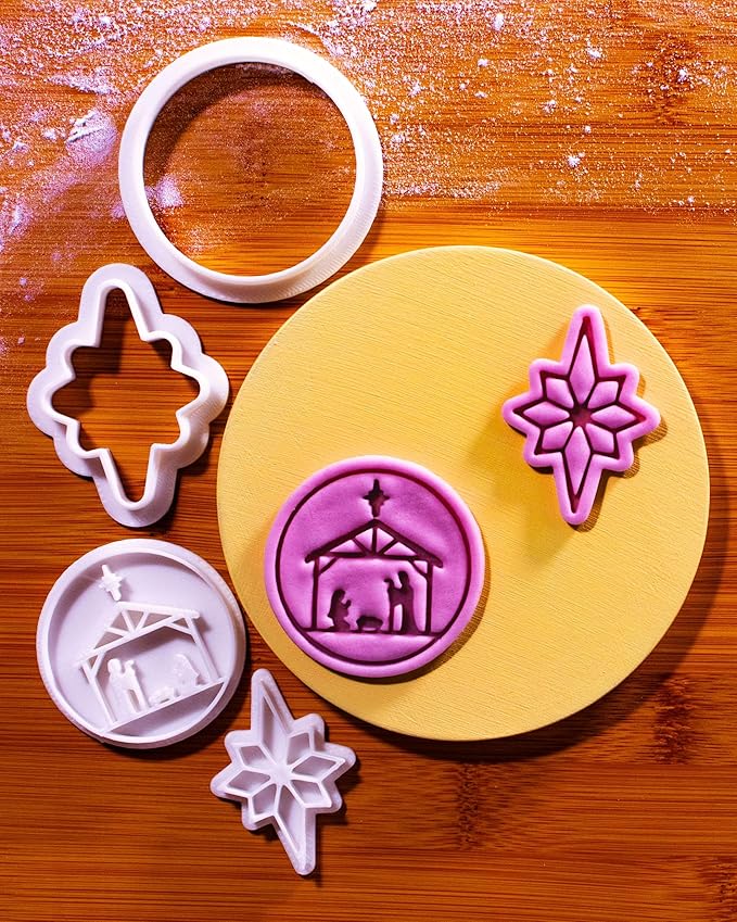 BAKERLOGY Holy Night – Mini Nativity Scene & Star of Bethlehem Cookie Cutter and Stamp Set (2") – Traditional Christmas Symbols for Holiday Baking and Seasonal Crafts