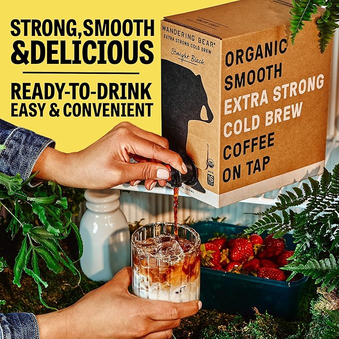 Wandering Bear Straight Black Organic Cold Brew Coffee On Tap, 128 fl oz (1 gallon) - Extra Strong, Bold, Smooth, Unsweetened, Shelf-Stable, Ready to Drink, 100% Organic Iced Cold Brewed Coffee Drinks