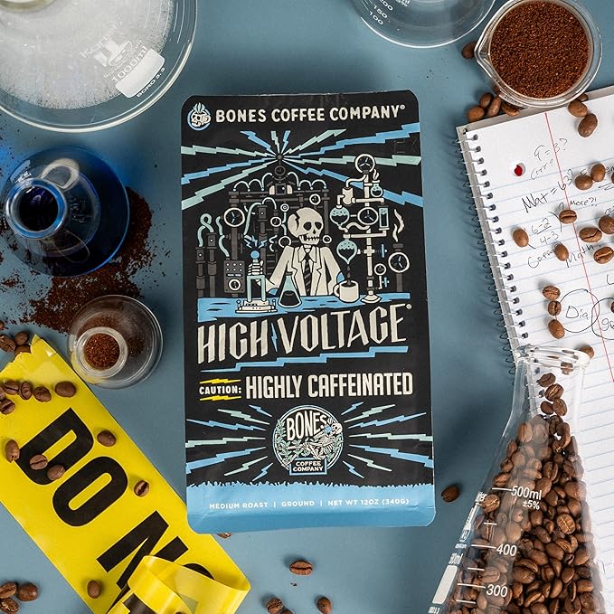 Bones Coffee Company High Voltage, Highly Caffeinated Unflavored Coffee, Medium Roast Low Acid Arabica Beans Compatible with Auto drip and French Press Coffee Maker, 12 Oz Whole Bean