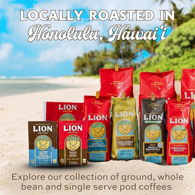 Lion Coffee, Arabica Coffee Beans, Light Roast Whole Bean Coffee, Vanilla Macadamia Flavor, A Taste of Aloha, 24 Ounce Bag (Pack of 2)