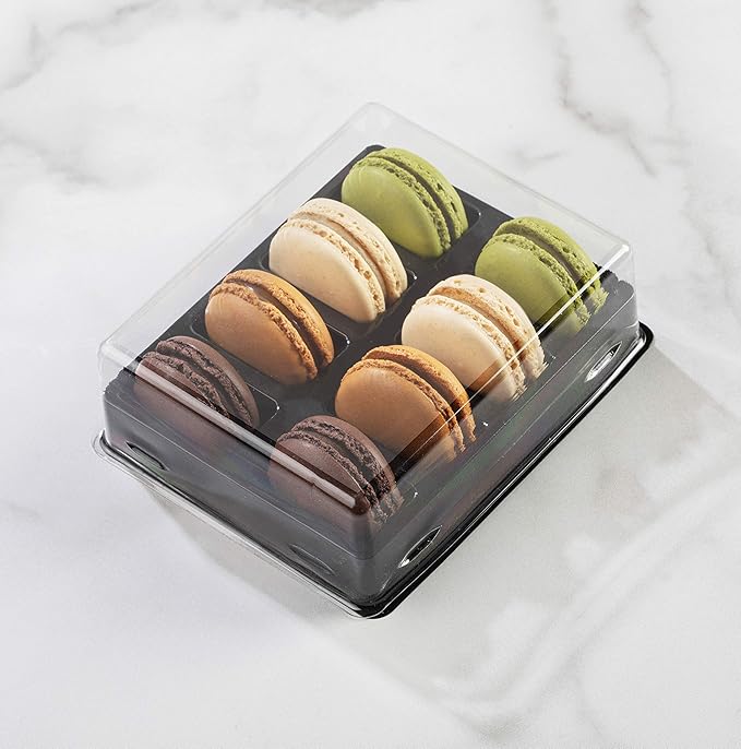 Pastry Chef's Boutique Clear Plastic French Macarons Small Gift Packaging Boxes - Holds 8 Macarons - Pack of 10 (Black Base)