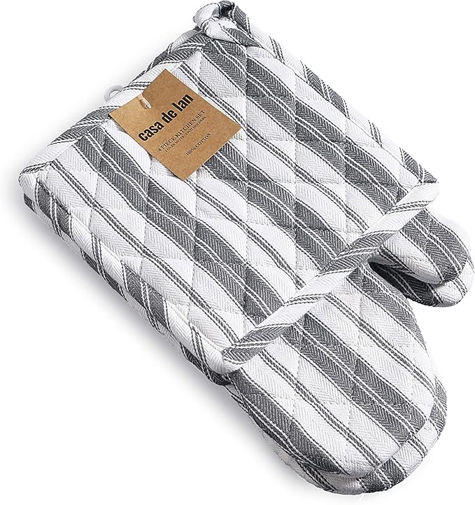 1 Oven Mitt, 1 PotHolder & 1 Kitchen Apron Set - Durable Heat Resistant Gloves - Thick Mittens for Kitchen - Suitable for Cooking, Baking, Grilling – Men & Women – Dark Grey Stripes - Casa De Lan