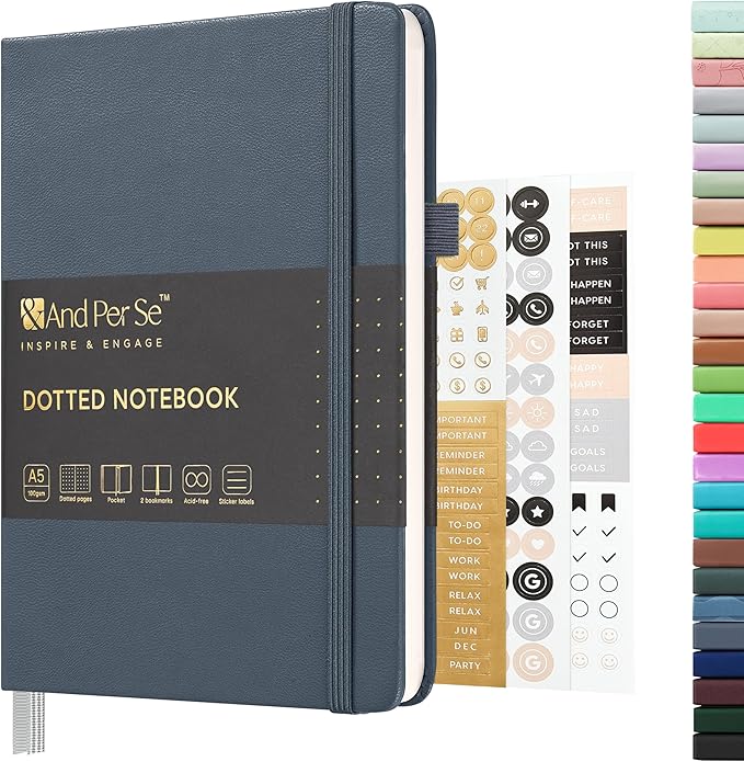 &And Per Se Dotted Journal Notebook, A5 Hardcover Bullet Dotted Journal, 160 Pages 100 gsm Thick Dotted Paper, 3 Sheets of Stickers Included - 5.7'' x 8''（Dark Blue）