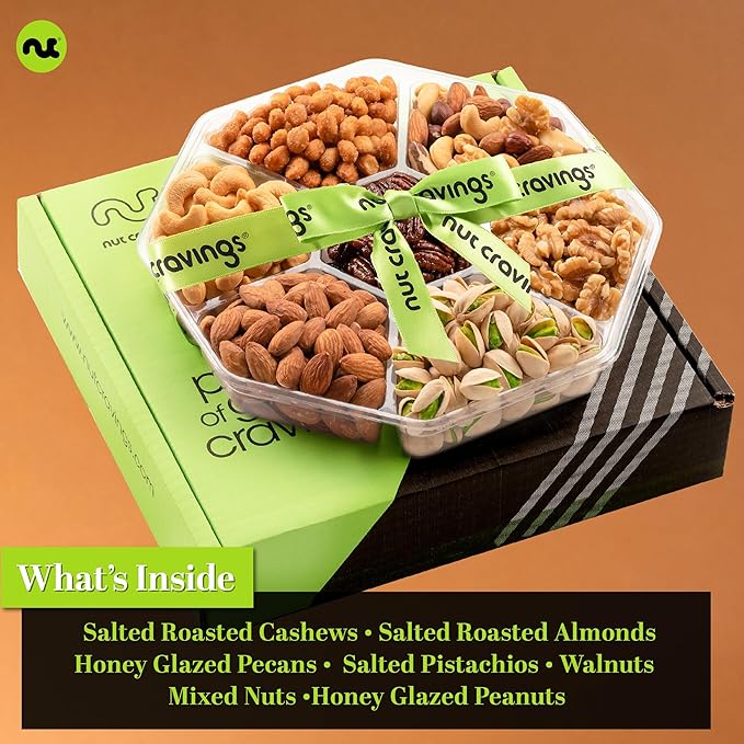 NUT CRAVINGS - Thanksgiving Mixed Nuts Gift Basket + Green Ribbon (7 Assortments, 2.2 LB) Holiday Xmas Christmas Food Arrangement, Healthy Snack Care Package, Food Assortments