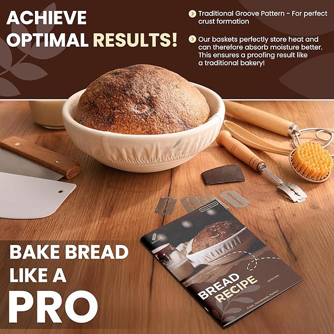 BAKERIA 9" Banneton Proofing Basket Kit (Round) – Sourdough Bread Making Set with Danish Whisk, Bread Lame + 5 Blades, 2 Scrapers, Brush, Linen Liner & Recipe Book – No Starter Culture