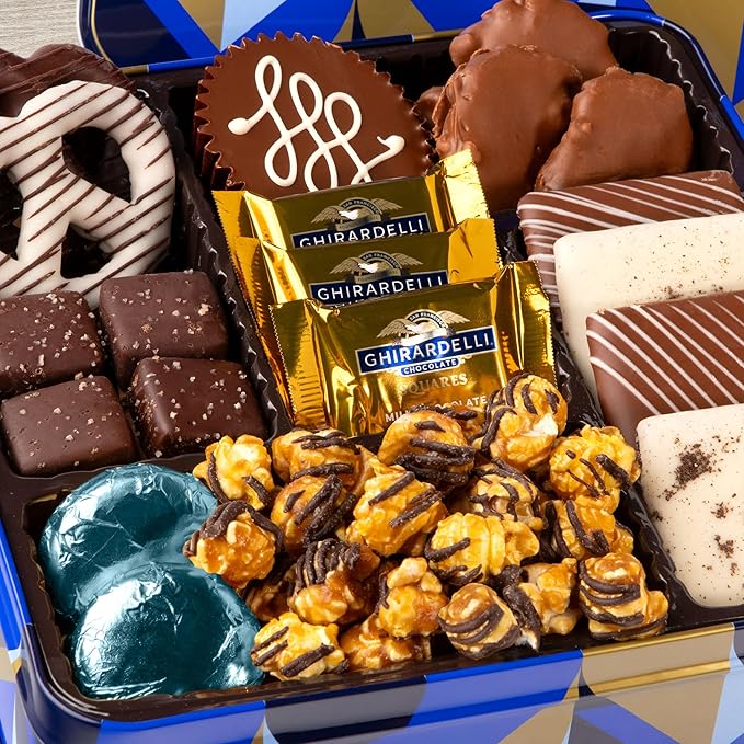 Blue Bow Gourmet Artisanal Chocolate Assortment Gift Tin for Birthday, Thank You, Business Gifts, Holiday