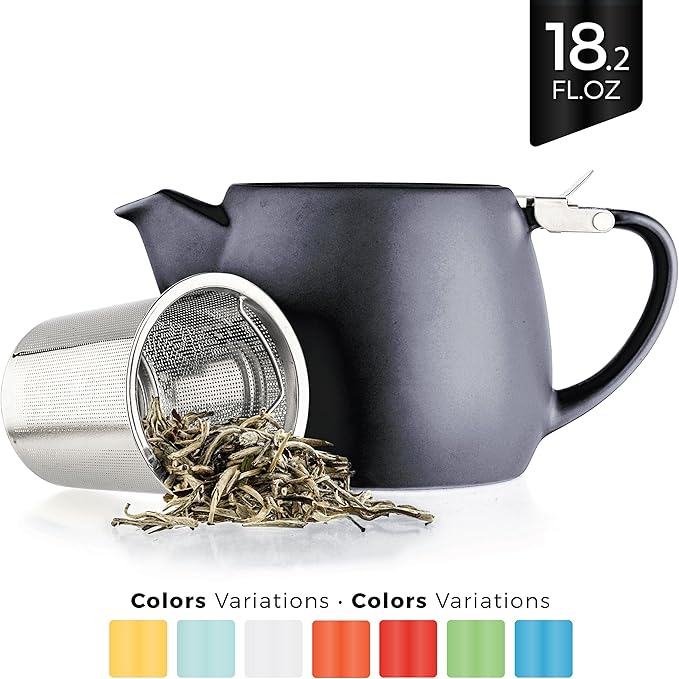 Tealyra - Pluto Porcelain Small Teapot Black - 18.2-ounce (1-2 cups) - Matte Finish - Stainless Steel Lid and Extra-Fine Infuser To Brew Loose Leaf Tea - 540ml
