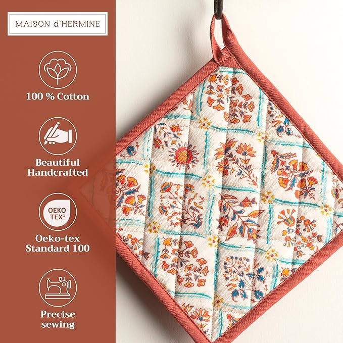 Maison d' Hermine Pot Holders 100% Cotton Heat Resistant Potholders 8" x 8" Hot Pads with Loop BBQ, Cooking, Baking, Grilling, Kitchen, Handling Hot Pans (Pack of 1, Romane)