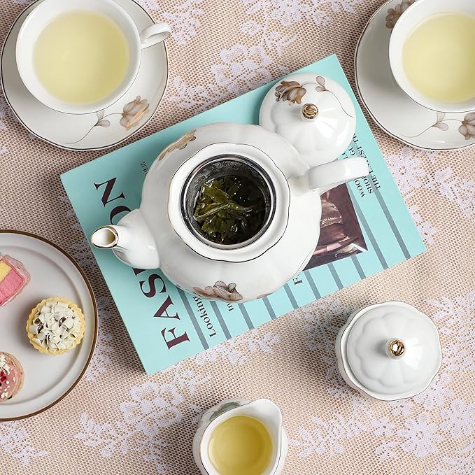 CHENP.HMC Porcelain Ceramic 22-Piece Tea Set, Teapot and Cup Set, 30.7 Ounces, for 6, Gift Sets, Tea or Coffee Lovers, Wedding, Birthday