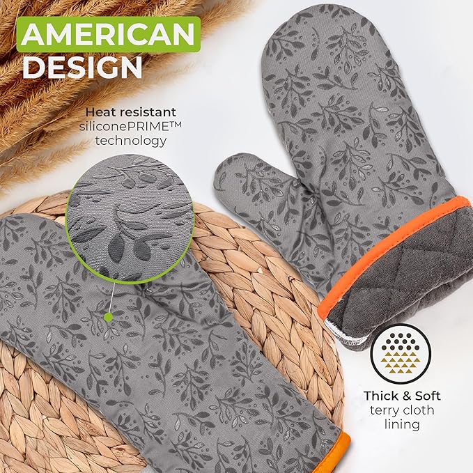 Premium Heat-Resistant Oven Mitts - Stylish and Beautiful - Non-Slip Platinum Silicone Grip - Long and Thick - 100% Natural Cotton Exterior and Soft Terry Cloth Lining - Set of 2 by Cook'n'Chic