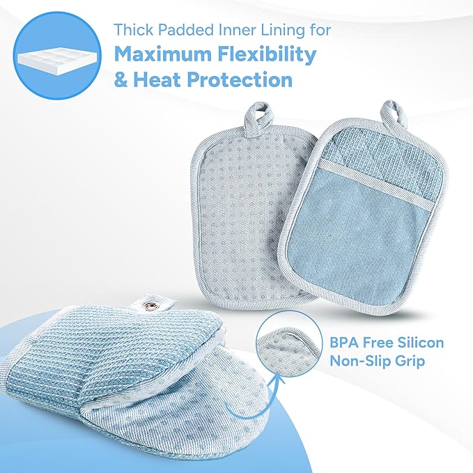 Casa Platino Silicone Oven Mitts Set, 8-Piece – 500°F Heat Resistant Mini Oven Mitt Set, Potholders for Kitchens, 2 Kitchen Towels & 2 Dish Cloths – Durable, Non-Slip & Machine Washable – Cornflower