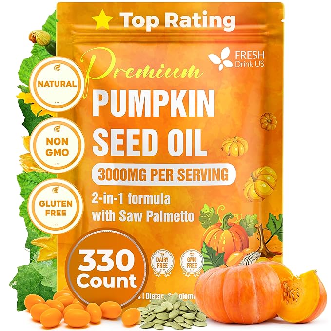 FreshDrinkUS, 330 Premium Pumpkin Seed Oil Softgels with Saw Palmetto, 3000mg Per Serving, Cold Pressed, Pure Virgin Oil, Great Hair Support, Non-GMO, Gluten-Free, Vegan
