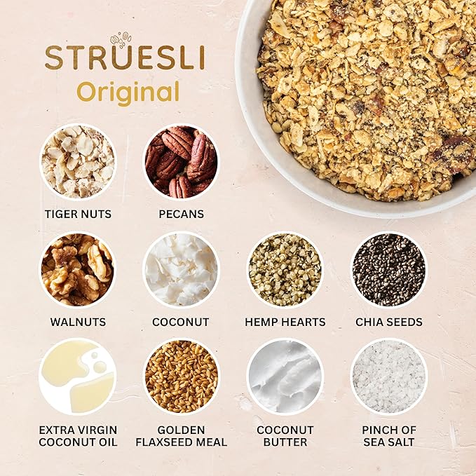 Struesli Original Organic Granola, Grain & Gluten Free, Healthy Snacks with Chia Seeds, Nuts & Sea Salt, Prebiotic High Fiber Food for Yogurt, Cereal & More, Plant Based, Keto & Paleo Friendly, 32 Oz