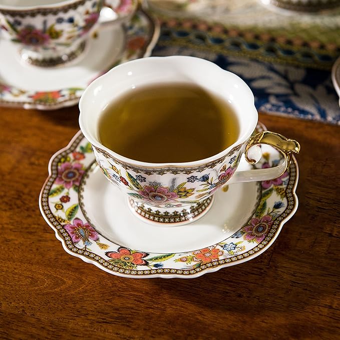 ACMLIFE Tea Set for Adults for 6, Blue and White Tea Set with Cups, Bone China Vintage Floral British English Tea Pot with Cups and Saucers for Women Party, Afternoon Service or Gift Giving (Pink)