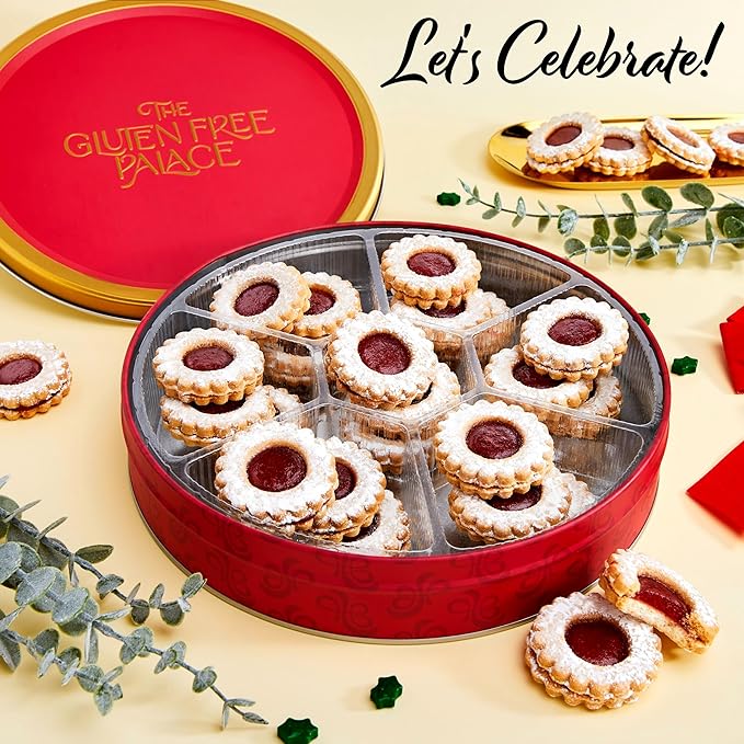 Gluten Free Palace Cookie Gift Basket – Fresh Raspberry Linzer Tart Shortbread Cookies in Tin – Birthday, Corporate, Anniversary, and Thank You Gift