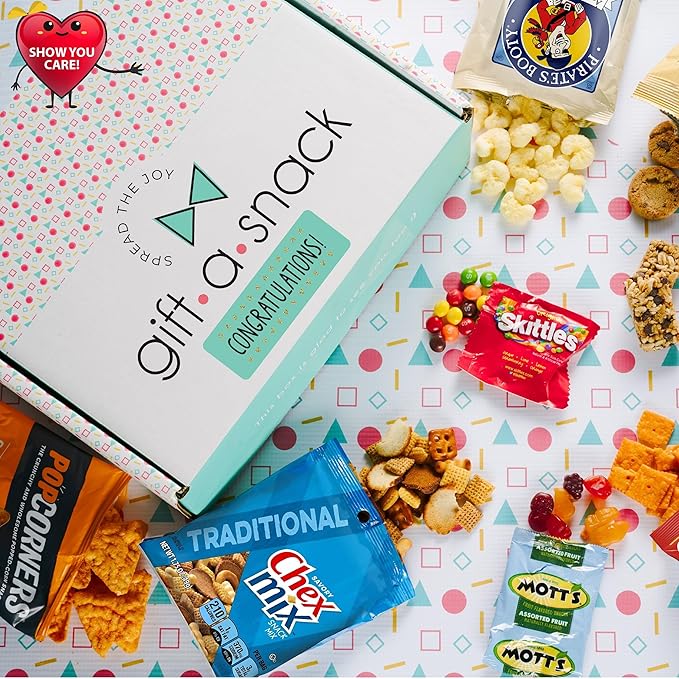 Gift A Snack - Congratulations Snack Box Variety Pack Care Package + Greeting Card (45 Count) Graduation Sweet Treats Gift Basket, Candies Chips Crackers Bars - Food Assortments