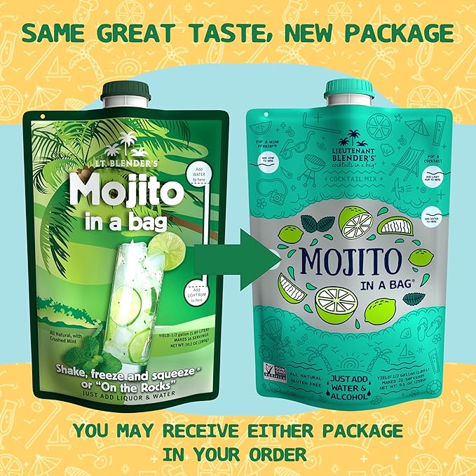 Lt. Blender's Mojito in a Bag - Each Bag Makes 1/2 Gallon of Frozen Mojito Mix – Non-GMO Cocktail Mix for Slushies – Make a Cocktail, Wine Slushie or Mocktail - (Pack of 4)
