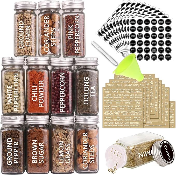 SWOMMOLY 36 Glass Spice Jars with 703 Spice Labels, Empty Square Spice Bottles 4 oz with Pour/Sift Shaker Lid, Airtight Cap, Chalk Marker and Funnel Complete Set