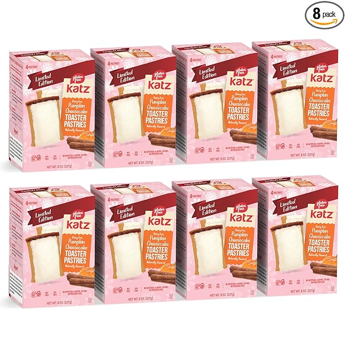 Katz Gluten Free Pumpkin Cheesecake Toaster Pastries. Limited Edition Fall Flavor Breakfast Snack. Free of Dairy, Peanuts, Tree Nuts, and Sesame, No Artificial Color. Kosher (8Pk)